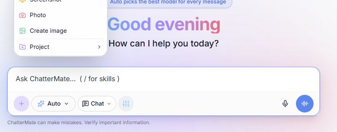 Add content menu showing Files or photos, Screenshot, Photo, Create image, and Project