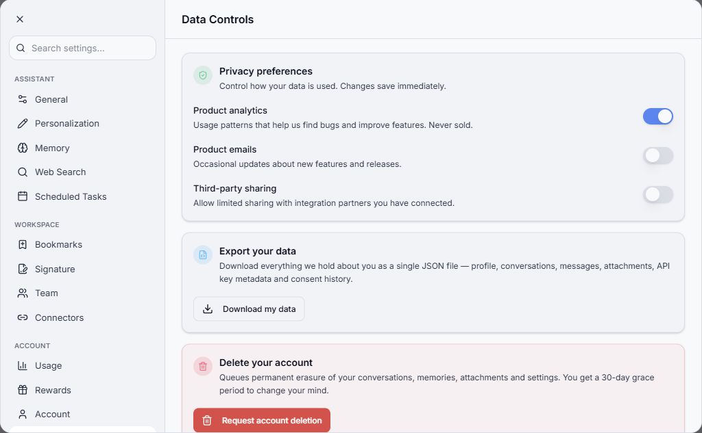 Privacy preferences, data export, and account-deletion sections