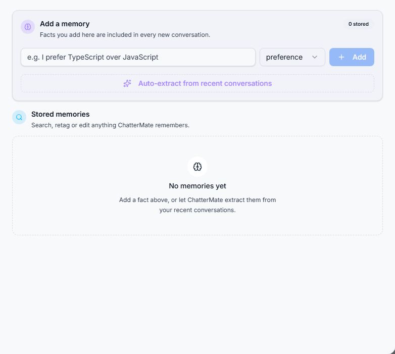 Memory settings with manual entry, extraction, and stored-memory areas