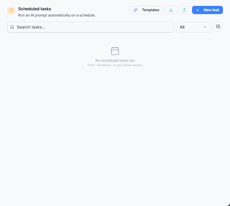 Scheduled Tasks controls and the empty-state view