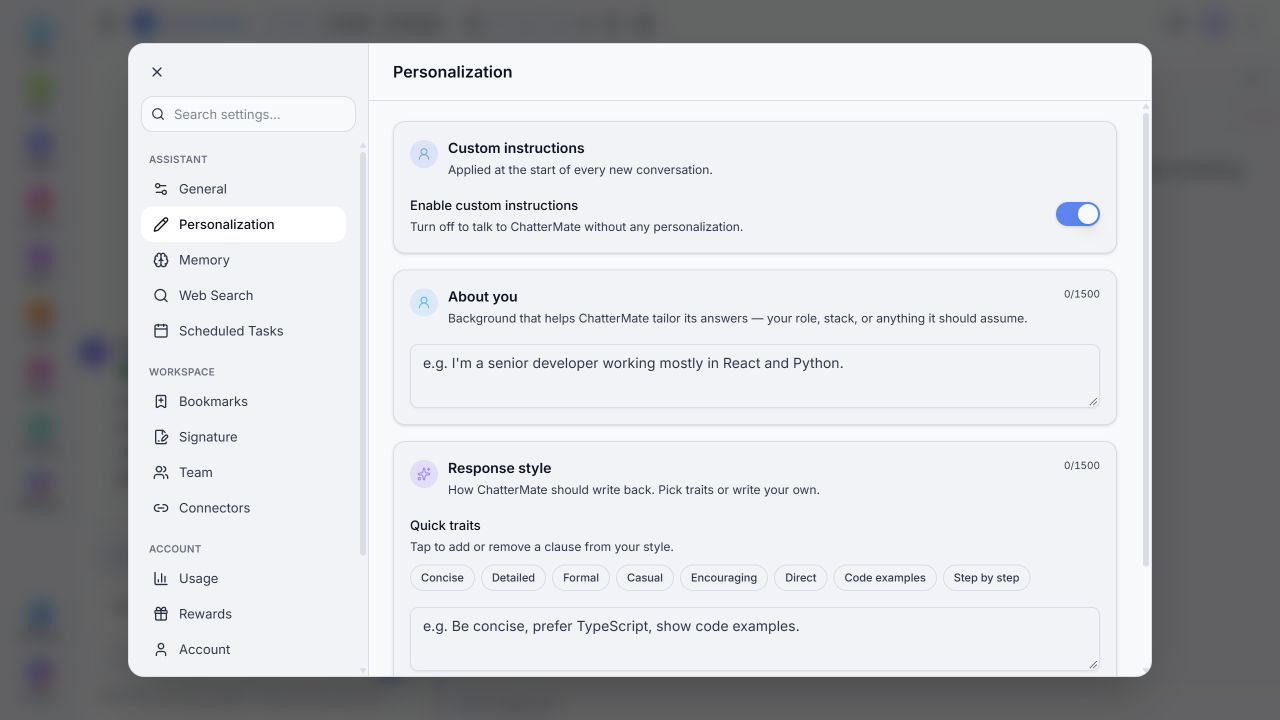 Personalization settings