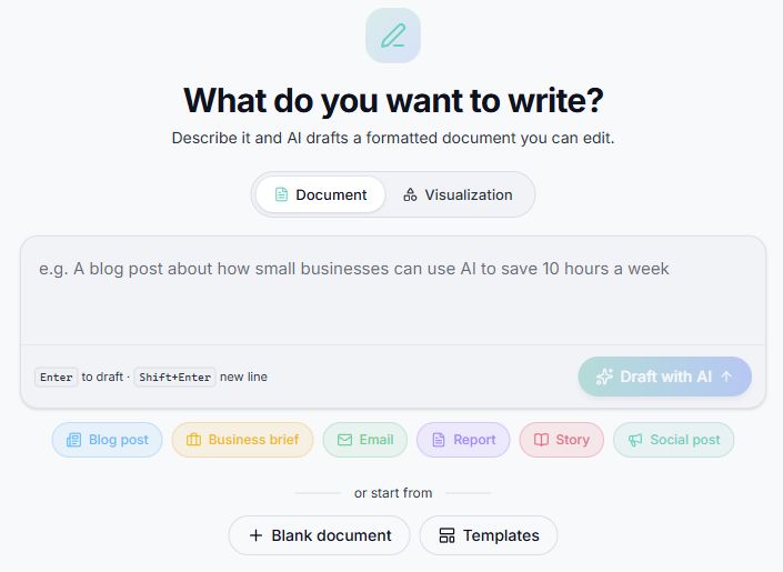 Writer start screen with document, visualization, and starting choices